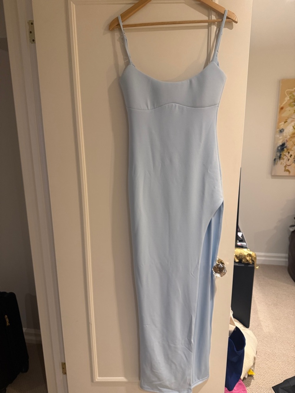 Light Blue Spaghetti-Strap Maxi Dress with Side Slit
